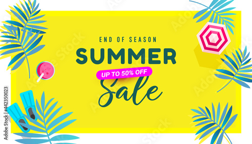 End of season summer sale banner in trendy bright colors with tropical leaves and discount text.