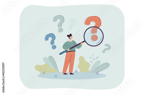 Woman with magnifier analyzing question marks. Curious person investigating interrogation point flat vector illustration. Information, test, FAQ concept for banner, website design or landing web page