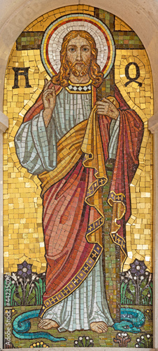 VIENNA, AUSTIRA - JUNI 18, 2021: The mosaic of Jesus on the pulpit in the Herz Jesu church from begin of 20. cent.
