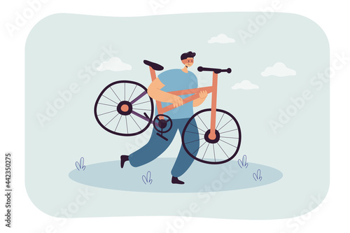 Cartoon thief with stolen bicycle. Male criminal stealing bike flat vector illustration. Theft, crime, security, law concept for banner, website design or landing web page