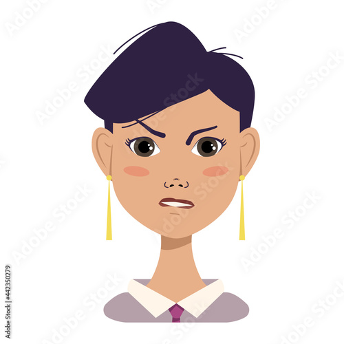 Avatar angry woman with black short fashionable hair, pursed lips and aggressive emotions. Human face of office worker, modern displeased girl in shirt and tie