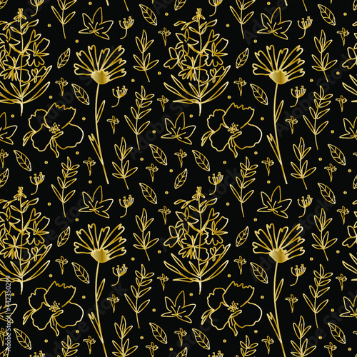 Seamless vector pattern with gold elements on black isolated background. Festive, botanical print in doodle style hand drawn.Design for wrapping paper, textiles, packaging, fabric,social media, web