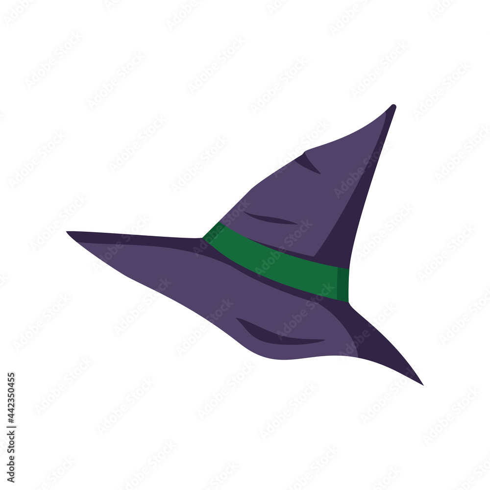 Pointed purple hat with green ribbon. Element for halloween, witch festival and other decorations. Vector illustration
