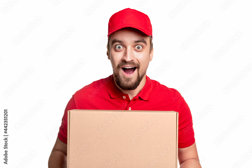 Amazed delivery man with carton box Amazed delivery man with carton box