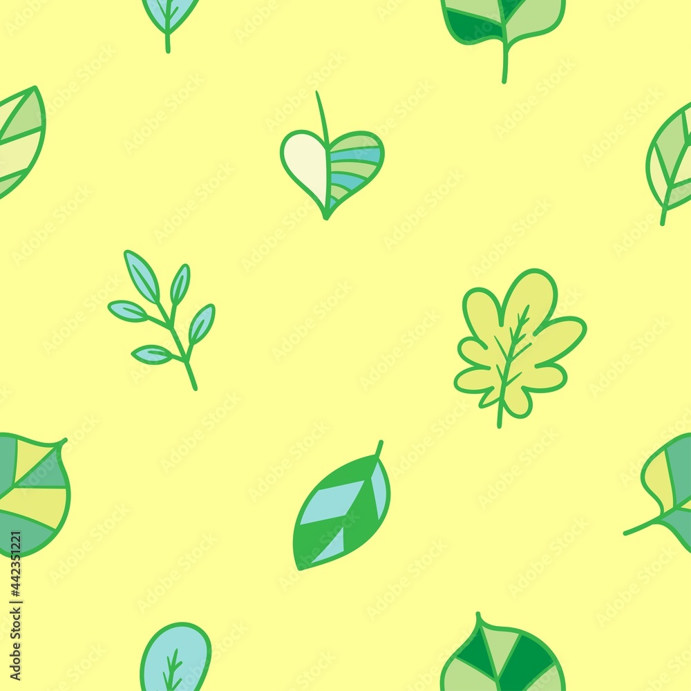 Seamless pattern with different leaves on yellow background. Vector print with plants. Seamless pattern with different leaves on yellow background. Vector print with plants.