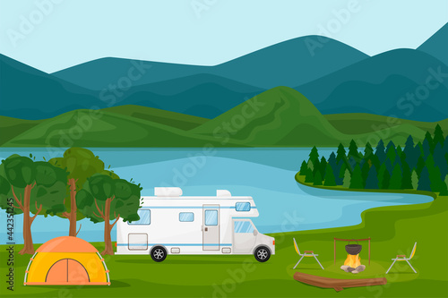 ummer camp . Motorhome caravan motorhome by the fire with a tent, log, boiler, table. Landscape by the lake and mountains. Summer vacation, camping, travel, trip, hiking, vector cartoon illustration.