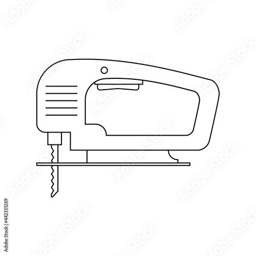 Electric wood jig saw. Сarpentry jigsaw. Power tool. Linear outline vector drawing on white background.