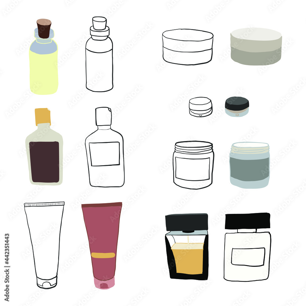hand drawn different cosmetic bottles. Cream tube vector. Cosmetic serum package template blank. body treatment flacon. Face moisturizer essence dispenser. flat vector illustration on white background hand drawn different cosmetic bottles. Cream tube vector. Cosmetic serum package template blank. body treatment flacon. Face moisturizer essence dispenser. flat vector illustration on white background
