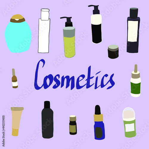 hand drawn different cosmetic bottles. Cream tube vector. Cosmetic serum package template blank. body treatment flacon. Face moisturizer essence dispenser. flat vector illustration on white background