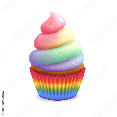 Unicorn poop cupcake, fairy tale rainbow cream muffin, sweet food, vector icon.