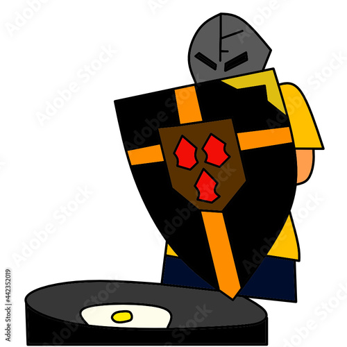 vector illustration of graphic design Caucasians wearing iron helmets and shields while frying eggs