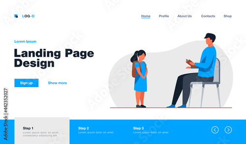 Dad checking grades of school student daughter. Father scolding kid for underachievement. Flat vector illustration. Family, parenthood, education concept for banner, website design or landing web page