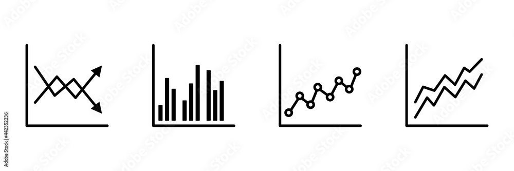 Graphics charts black icons set. Statistics infographic information elements. Big data concept. Business analysis graphs symbols collection. Vector illustration isolated on white