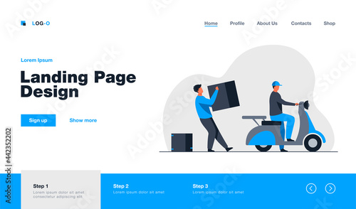 Two loaders carrying big carton box to couriers scooter. Delivery man with moped flat vector illustration. Logistics, delivery, moving, service concept for banner, website design or landing web page