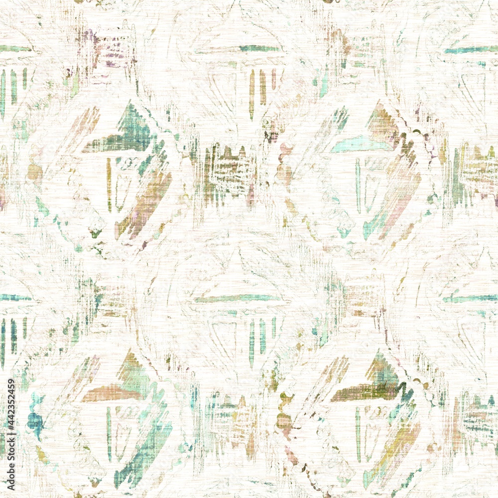 Obraz premium Rustic mottled linen woven texture. Seamless printed fabric pattern. Tropical pastel coastal style. Interior textile background. Mottled colorful peach green dye stains. Soft rustic summer home decor 