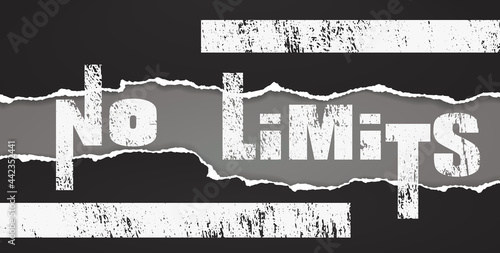 Grunge no limits slogan is on torn, ripped oblong black paper with soft shadow are on grey background. Vector illustration