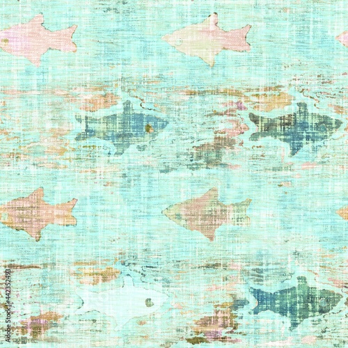 Rustic fish linen woven texture. Seamless printed fabric pattern. Tropical fishes pastel coastal style. Interior textile background. Mottled peach green dye stains. Soft rustic summer home decor 