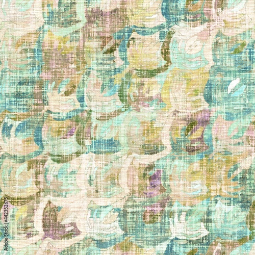 Rustic mottled linen woven texture. Seamless printed fabric pattern. Tropical pastel coastal style. Interior textile background. Mottled colorful peach green dye stains. Soft rustic summer home decor 