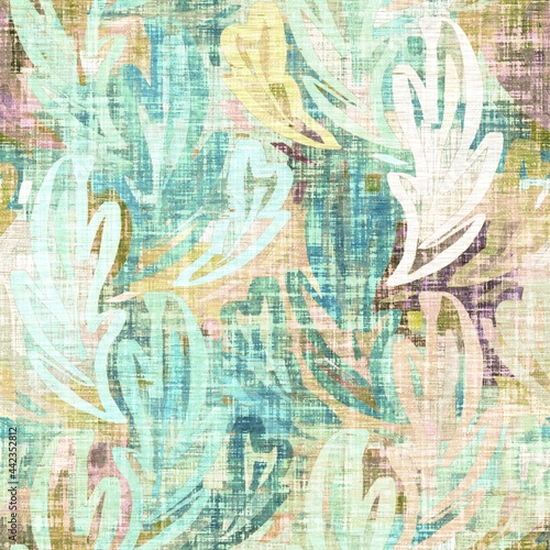 Rustic mottled linen woven texture. Seamless printed fabric pattern. Tropical pastel coastal style. Interior textile background. Mottled colorful peach green dye stains. Soft rustic summer home decor 