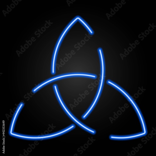 Celtic Triquetra knot neon sign, modern glowing banner design, colorful modern design trends on black background. Vector illustration.