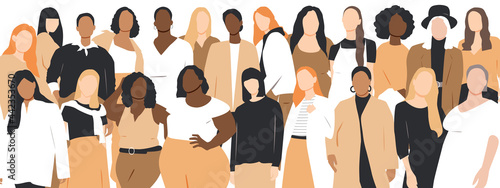 Women of different ethnicities stand side by side together. Flat vector illustration.	