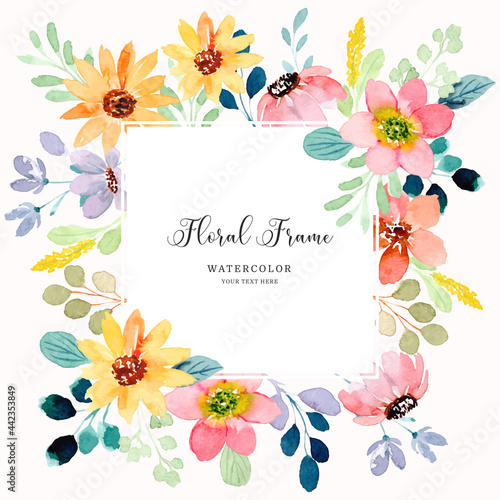 Colorful floral frame background with watercolor