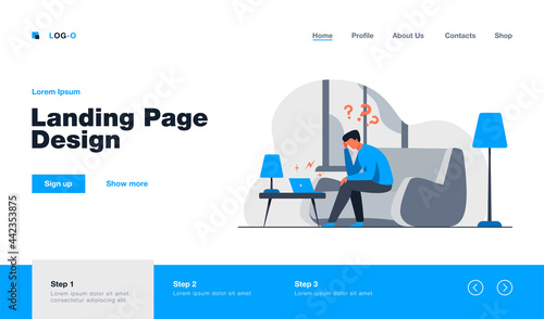 Man using laptop for video call. Angry talk partner shouting at him from speakers flat vector illustration. Online communication, conflict concept for banner, website design or landing web page