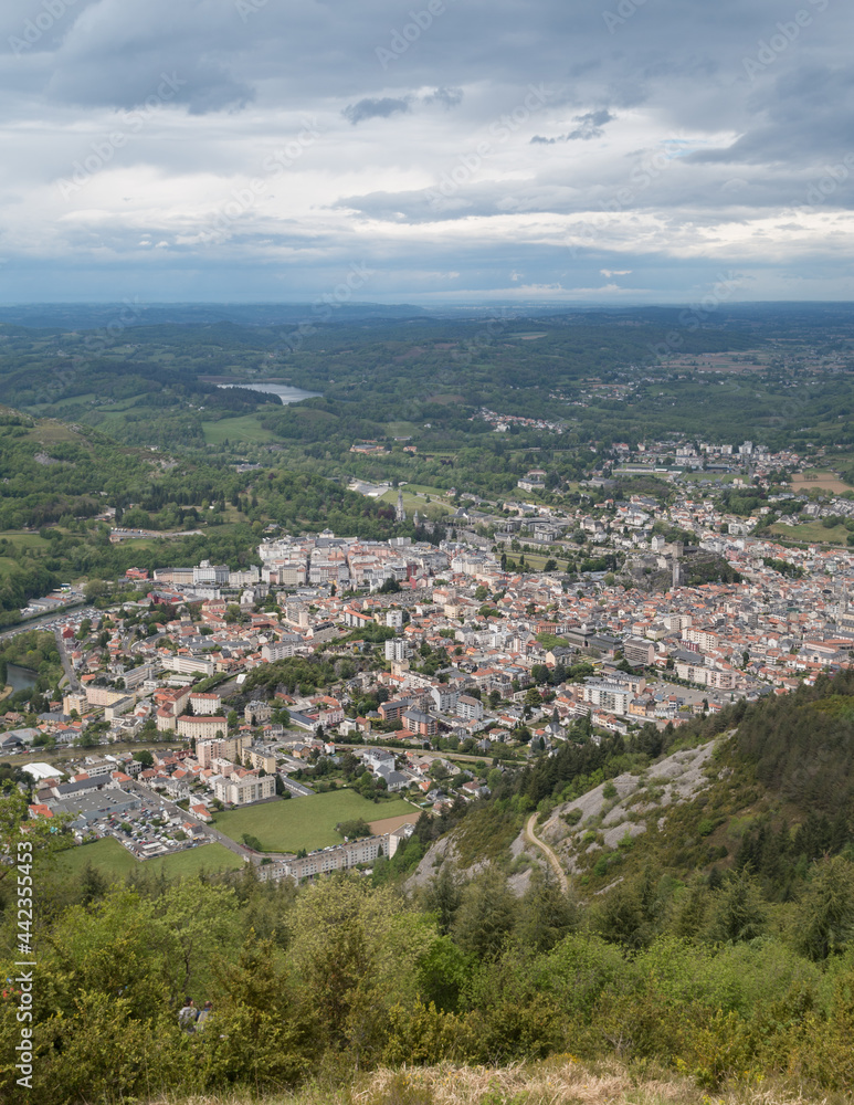 Panoramic view of the town of Lourdes, Occitanie, Hautes-Pyrénées, France, from the Pic du Jer