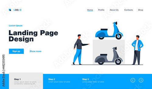 People choosing scooter for rent. Men buying or sharing mopeds flat vector illustration. Transport, transportation, shop concept for banner, website design or landing web page
