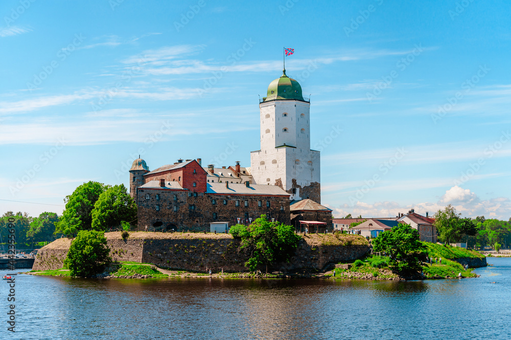 View of the Castle island with an old fortress, a popular tourist destination in Vyborg, Russia