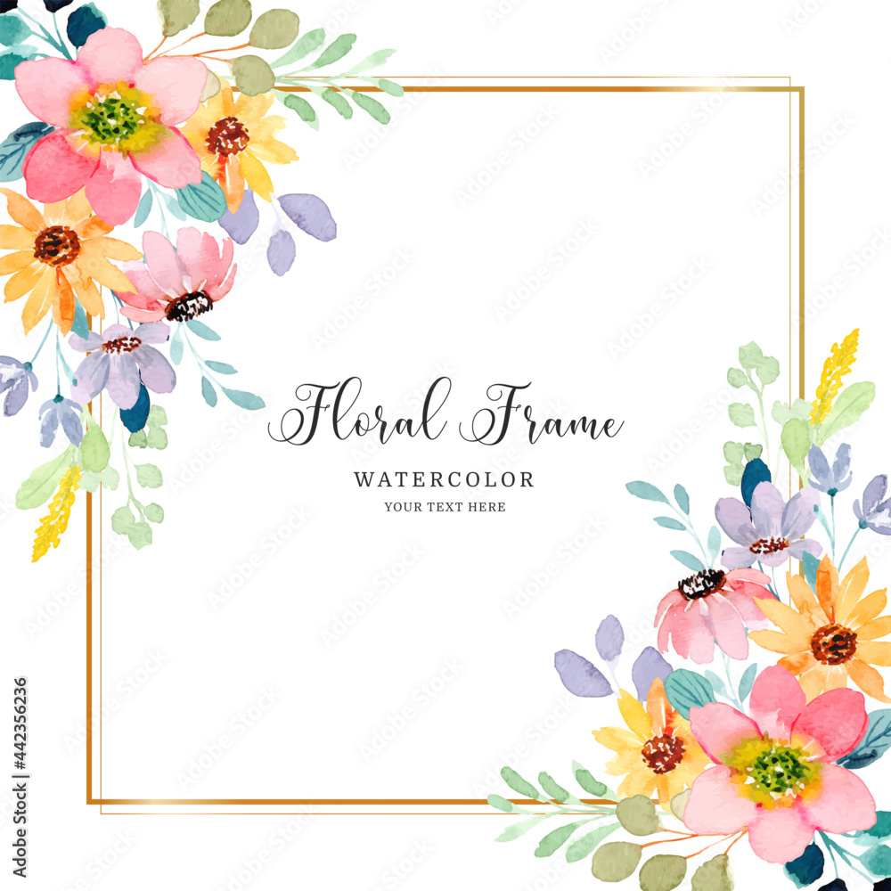 Watercolor floral background with golden frame Stock Vector | Adobe Stock
