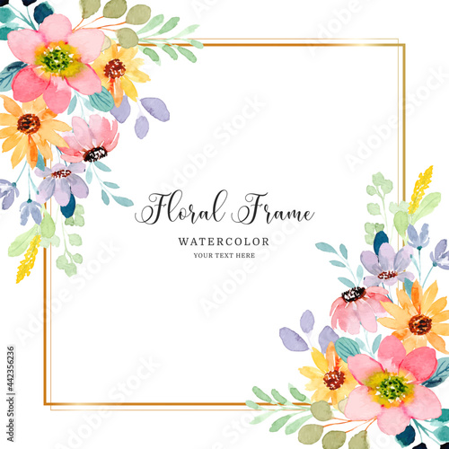 Watercolor floral background with golden frame