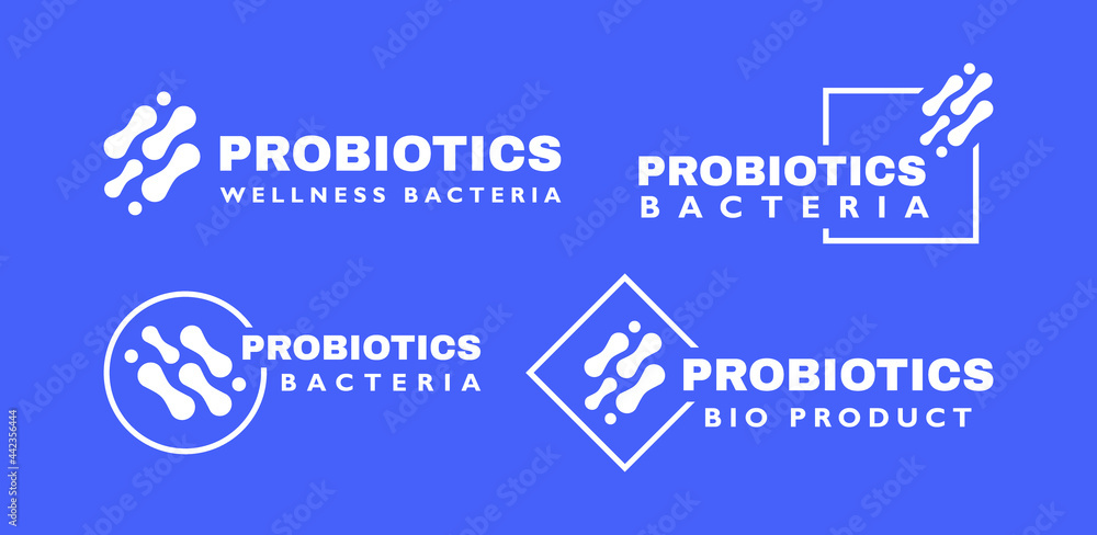 Set probiotics bacteria label icon. Logo design. Healthy nutrition ingredient for therapeutic purposes. Vector illustration