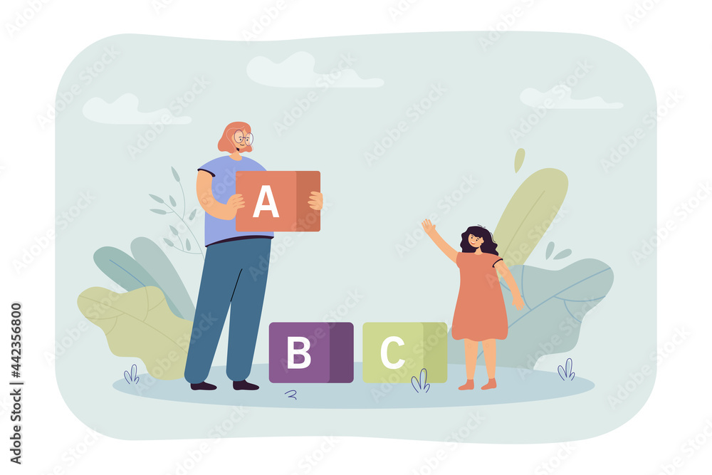 Woman and little girl putting together giant toy blocks. Flat vector illustration. Mom and daughter studying alphabet together, playing bricks. Alphabet, learning, child education, family concept Woman and little girl putting together giant toy blocks. Flat vector illustration. Mom and daughter studying alphabet together, playing bricks. Alphabet, learning, child education, family concept