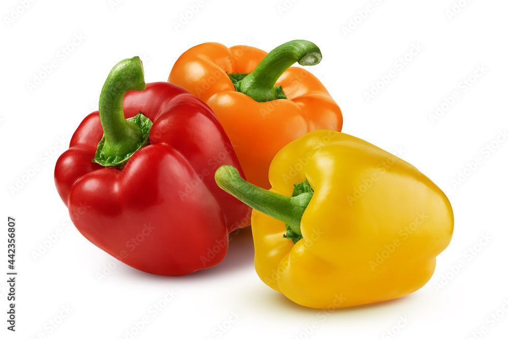 Red, orange and yellow sweet bell peppers isolated on white background Red, orange and yellow sweet bell peppers isolated on white background