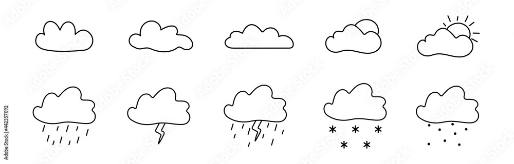 Sketch doodle clouds for concept design. Vector art illustration. Weather element. Summer style. Sun icon set. Cloudy sky. Sketch doodle clouds for concept design. Vector art illustration. Weather element. Summer style. Sun icon set. Cloudy sky.