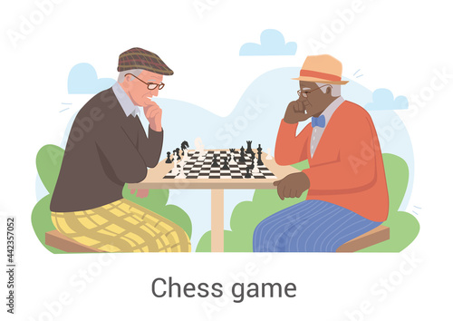 Two senior men relaxing over a game of chess outdoors