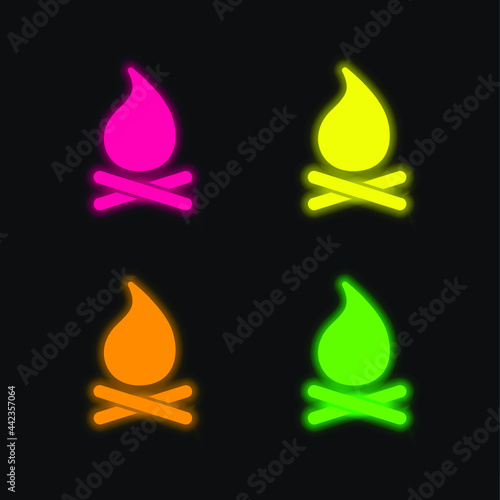 Bonfire four color glowing neon vector icon