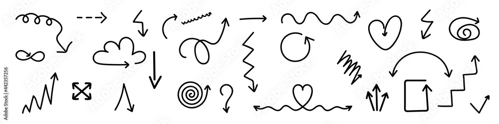Drawing doodle arrows set isolated vector illustration. Simple design. Line arrow collection. Business concept. Hand drawn sketch. Drawing doodle arrows set isolated vector illustration. Simple design. Line arrow collection. Business concept. Hand drawn sketch.