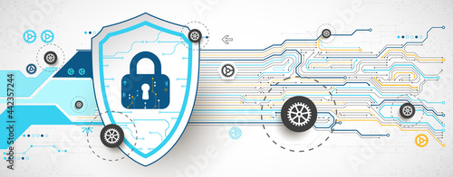 Technological abstract background on the topic of information protection and computer security.