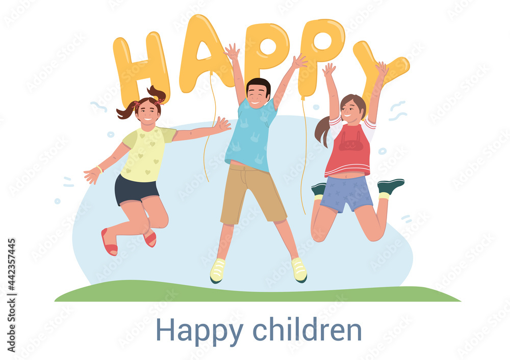 Three happy children jumping and cheering with party balloons