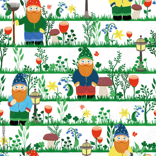 Fairytale garden gnome in a cap, with a rake. seamless vector pattern. colorful, bright flower illustration photo