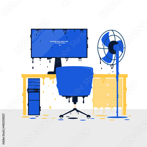Modern empty creative workplace in very hot weather. Vector illustration.