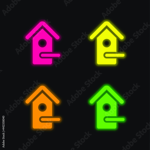 Bird House four color glowing neon vector icon