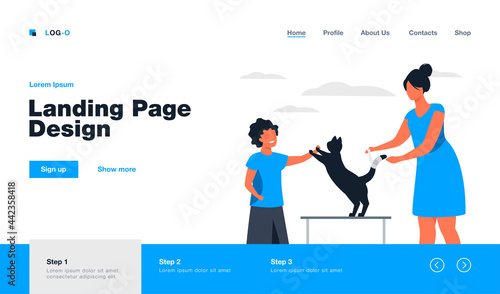 Kid visiting veterinary office with cat. Trauma, treatment, pet examination. Flat vector illustration. Domestic animals care, first medical aid concept for banner, website design or landing web page