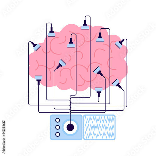 Encephalography brain procedure, patient with head electrodes. Medical test EEG electroencephalography. Diagnostic checkup of brain health. Concept of neurology, neuroscience. Vector