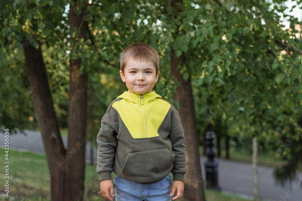 portrait of a small child, a boy of 3 years old, against the background of a park. beautiful caucasian blonde child on the background of trees portrait of a small child, a boy of 3 years old, against the background of a park. beautiful caucasian blonde child on the background of trees