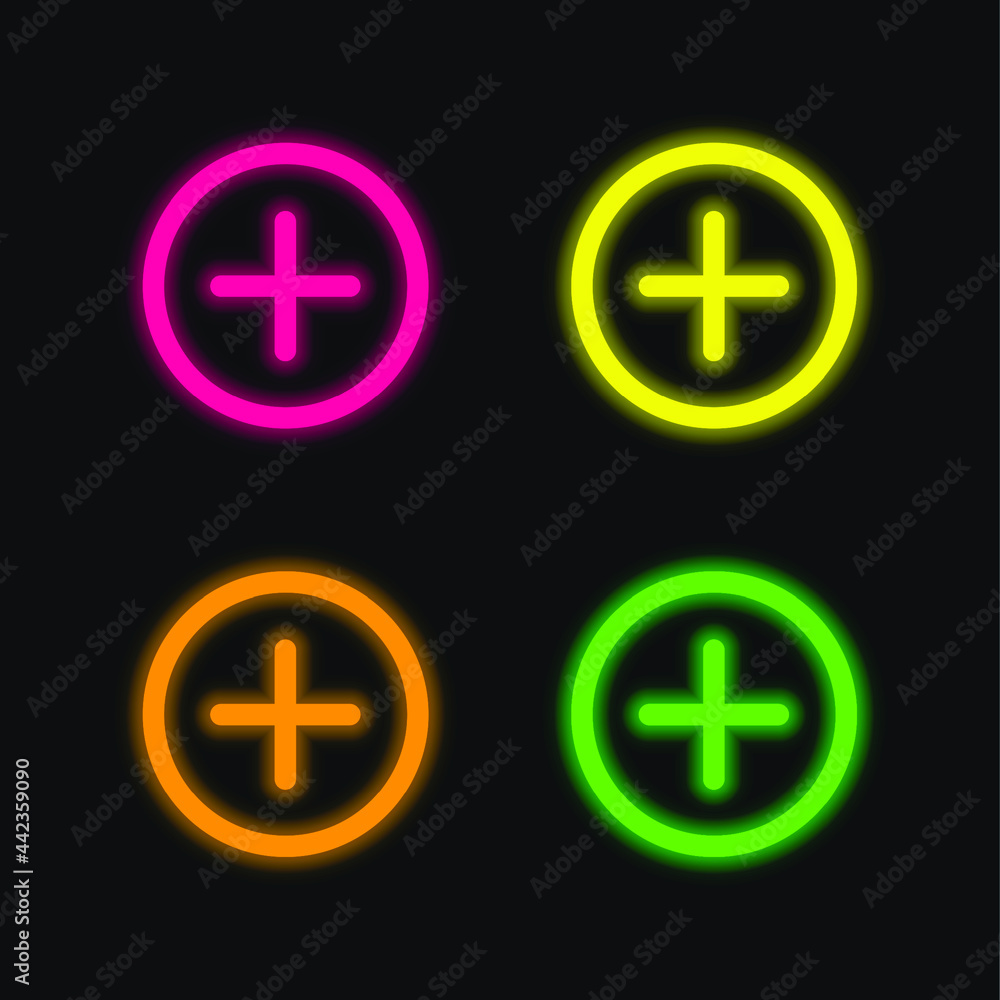 Add Circular Interface Button four color glowing neon vector icon Add Circular Interface Button four color glowing neon vector icon