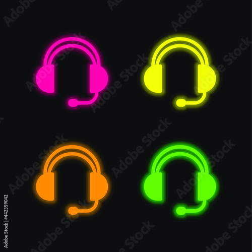 Airport Headphones four color glowing neon vector icon