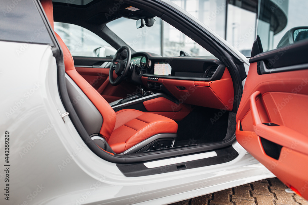 Modern supercar interior with leather seats